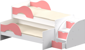 Кровать детская Матрешка выкатная с лестницей  Белый/Розовый в Подтёсово - podtyosovo.mebel54.com | фото