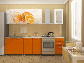 Кухонный гарнитур 1,6м Апельсин (Белый/Оранжевый металлик/Фотопечать апельсин) в Подтёсово - podtyosovo.mebel54.com | фото